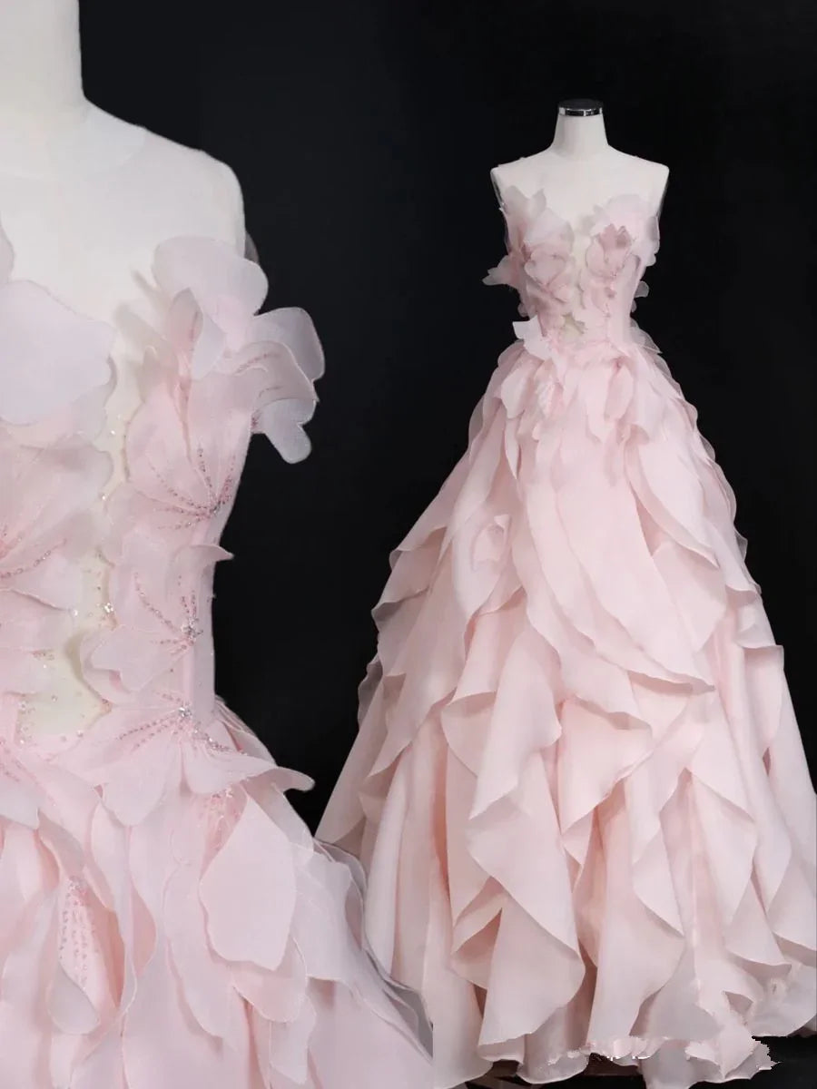 Vestido de Princesa com Folhos Cor-de-Rosa Sonhadora, Vestido de Baile Cor-de-Rosa Y1971