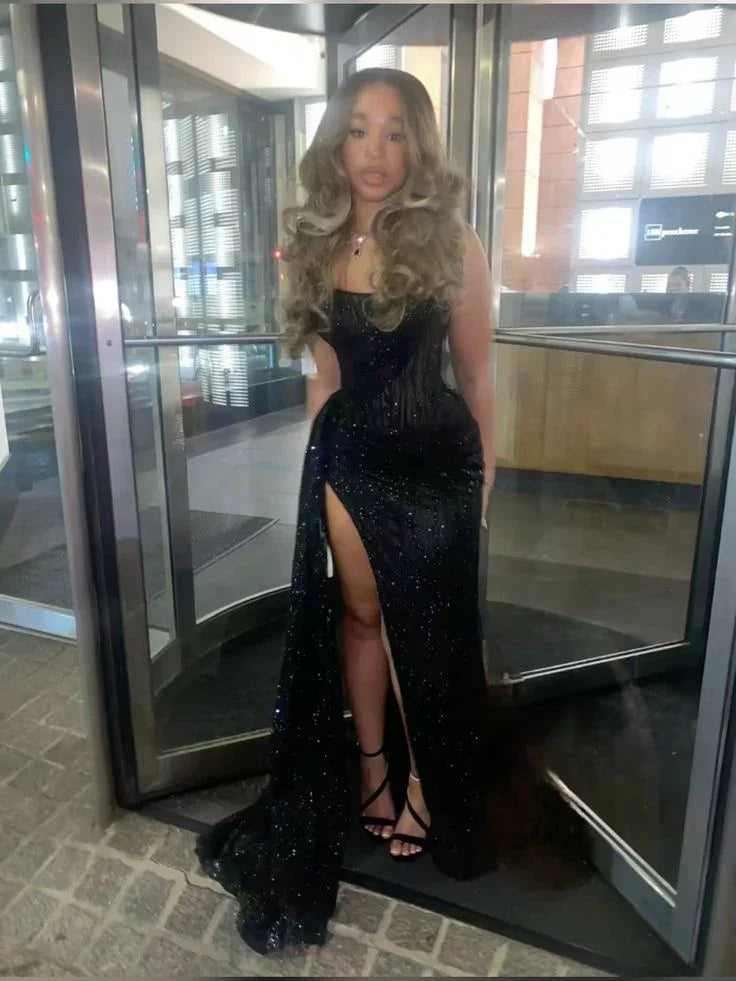 Vestido longo de baile de finalista preto sexy com renda, lantejoulas e racha estilo sereia Y8055