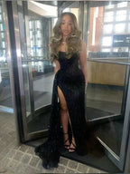 Vestido longo de baile de finalista preto sexy com renda, lantejoulas e racha estilo sereia Y8055