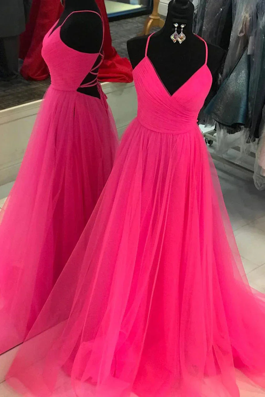Abito lungo da sera rosa acceso con schiena allacciata SYP98