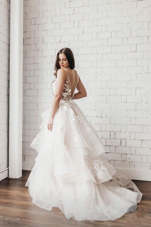Vestidos de Noiva com Decote em V e Saia em Camadas, Vestido de Casamento