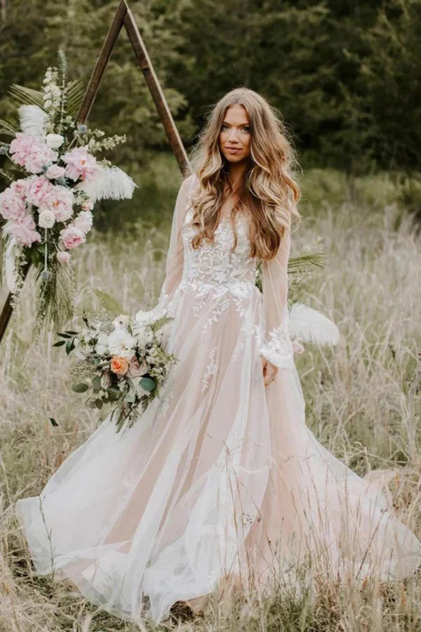 Robe de mariée à manches longues et col en V Robe de mariage champêtre