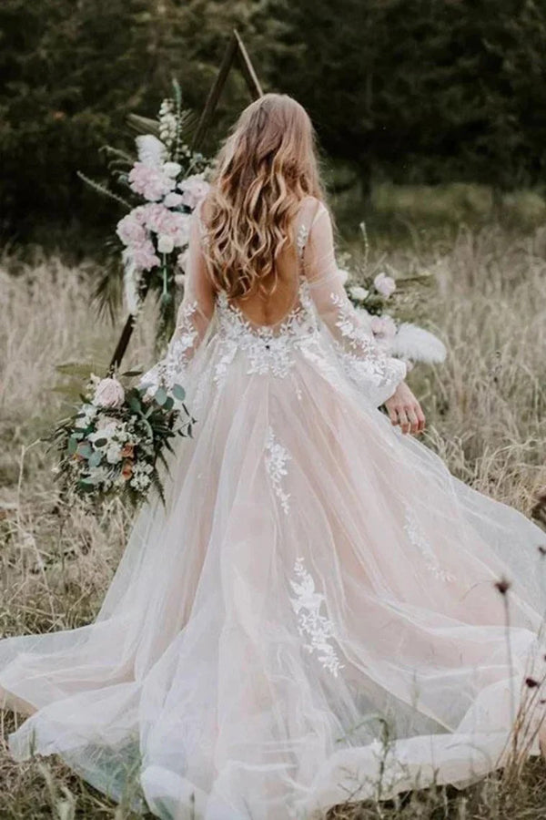 Robe de mariée à manches longues et col en V Robe de mariage champêtre