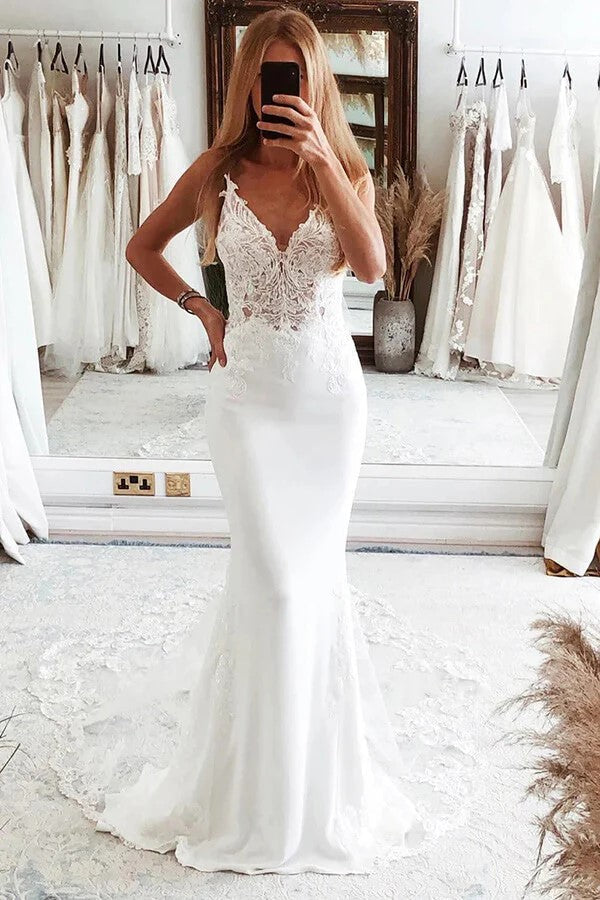 Robe de mariée blanche à col en V, coupe sirène, bretelles fines