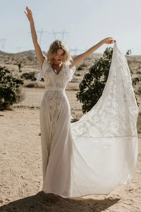 V-Ausschnitt Rückenfreies Spitzen-Chiffon-Bohemian-Brautkleid