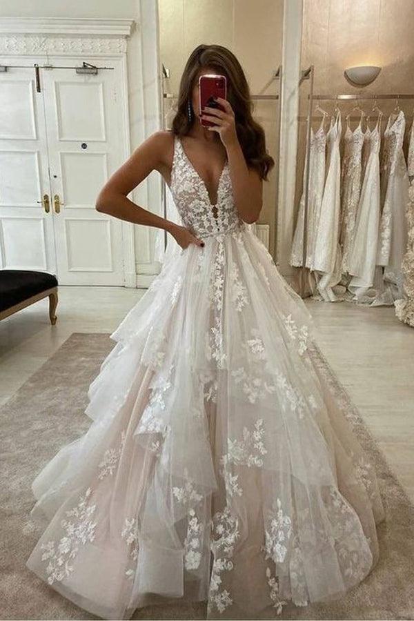 Vestido de novia de tul con escote en V y encaje, corte A, largo hasta el suelo