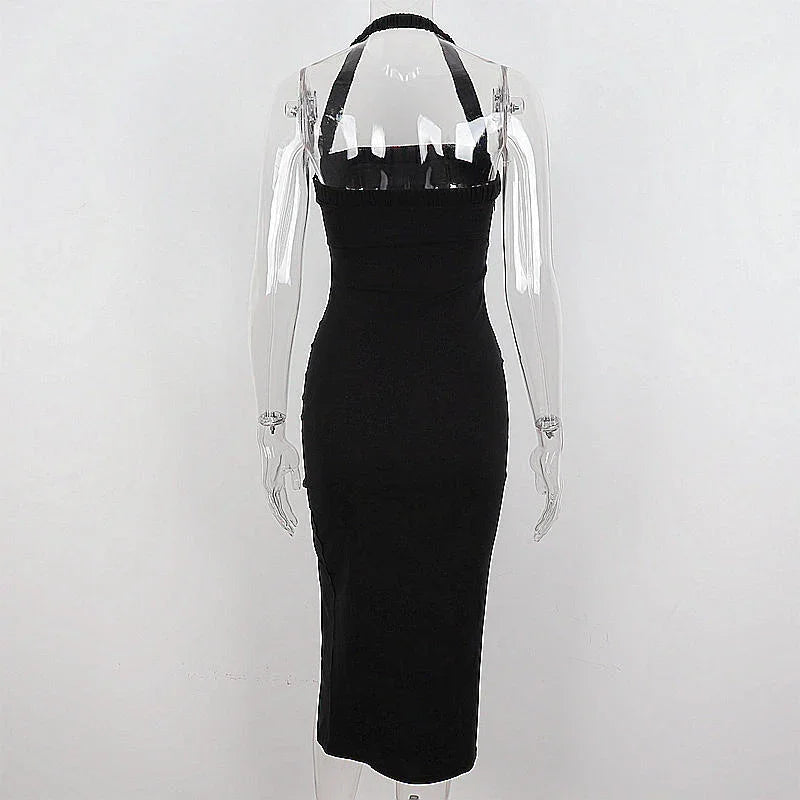 Robe de bal noire pour femme à col licou avec fente Robe de soirée noire sans manches sexy Y1161