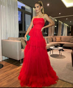 Robe de bal rouge en tulle sans bretelles, robe de soirée longue rouge Y2354
