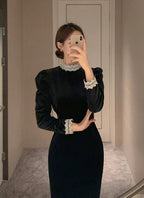 Vestido Vintage Preto de Manga Comprida para Noite Vestido Formal Preto Y5695