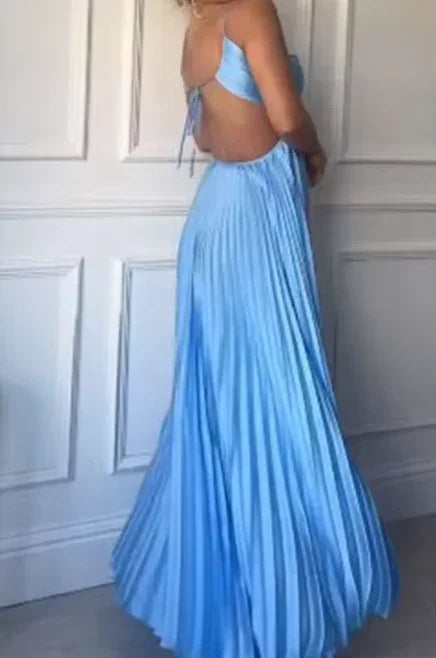 Vestido largo de fiesta azul sexy con tirantes finos tipo halter, línea en A, sin espalda Y8090