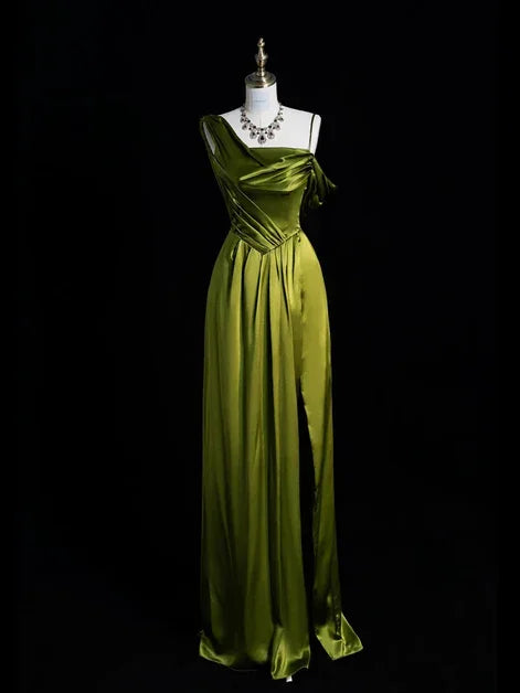 Vestido de fiesta elegante verde con abertura y un solo hombro Y8218