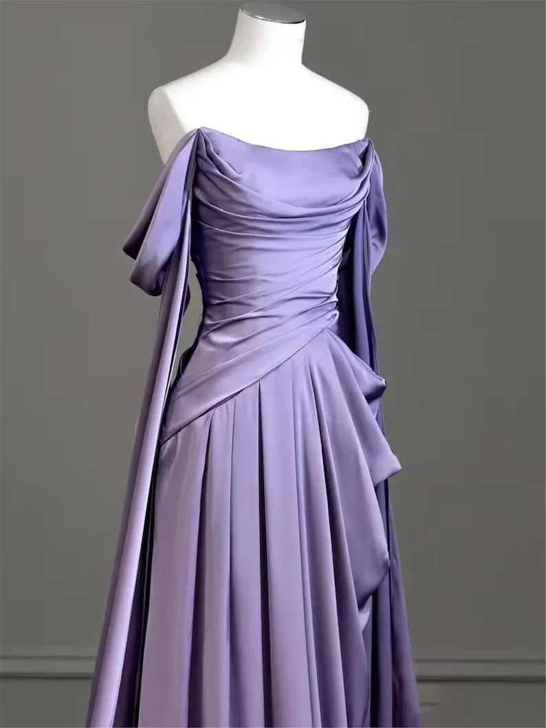Vestido longo modesto de cetim roxo para baile Vestido de noite roxo Y2589