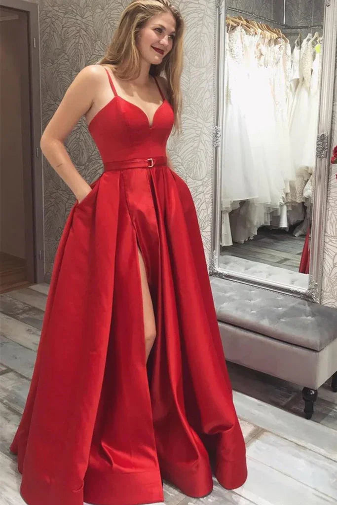 Einfaches rotes Satinkleid mit V-Ausschnitt und hohem Schlitz, langes Ballkleid mit V-Ausschnitt, rotes festliches Abschlussabendkleid Y220