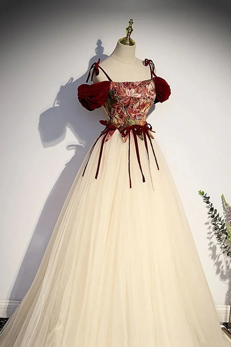 Champagne Tulle Spaghetti Strap Long Prom Dress A Line Party Ball Gown Y7952
