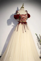 Champagne Tulle Spaghetti Strap Long Prom Dress A Line Party Ball Gown Y7952