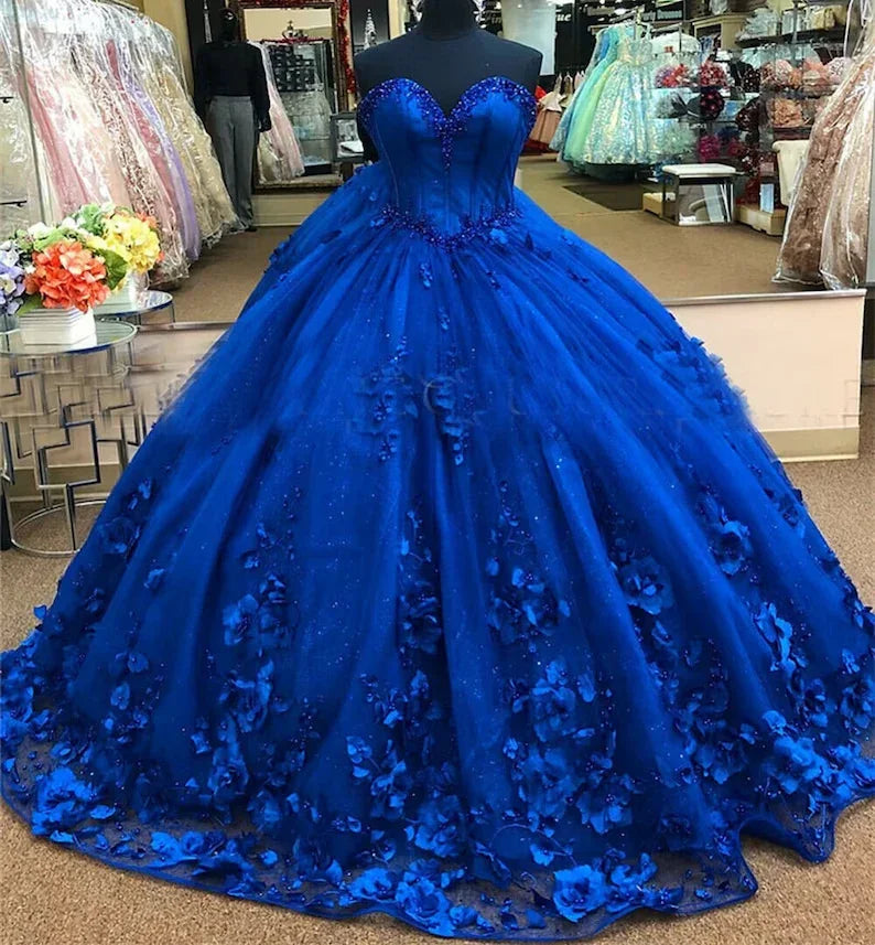 Vestido de Princesa Azul Real Vestido de Quinceanera Azul Real com Flores 3D Deslumbrante Vestido de Baile Y281