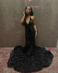 V-Neck Halter Backless Sequins Mermaid Long Prom Evening Dress With Sweep Train Y5939
