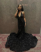 V-Neck Halter Backless Sequins Mermaid Long Prom Evening Dress With Sweep Train Y5939