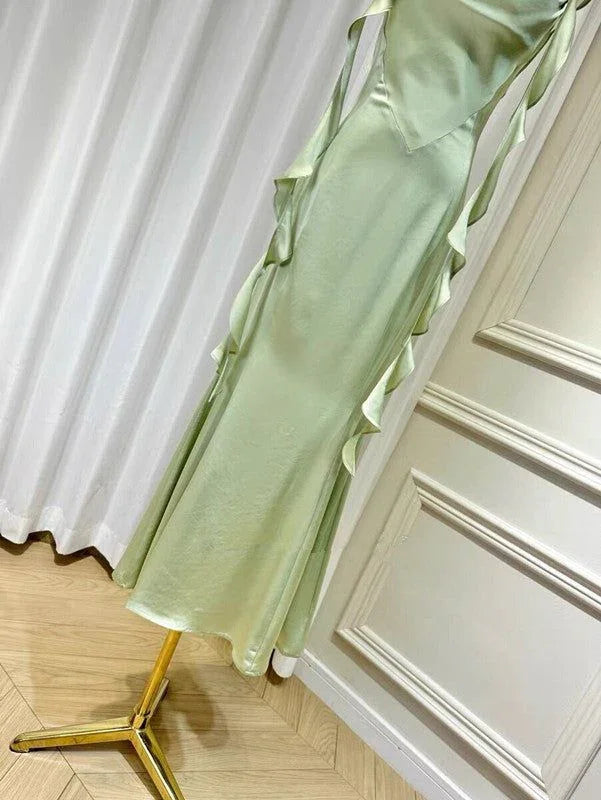 Vestido Elegante de Verão com Folhos, Fita e Costas Descobertas, Sexy para Mulher, Vestido de Noite Justo e Franzido, Y7390