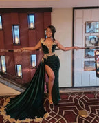 Vestido de fiesta de terciopelo verde sexy con apliques dorados, cuentas y abertura, vestido de cumpleaños negro para niña Y8122