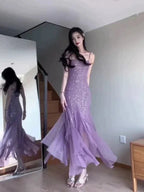 Vestido de noche para baile de graduación Y7812, morado, con tirantes finos estilo sirena, de gasa con cuentas