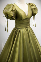 Robe longue de bal en tulle verte à col en V Robe de soirée ligne A Y898