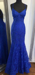 Elegantes Meerjungfrau-Kleid mit V-Ausschnitt in königsblauer Spitze Abendkleid Y819