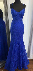 Elegantes Meerjungfrau-Kleid mit V-Ausschnitt in königsblauer Spitze Abendkleid Y819