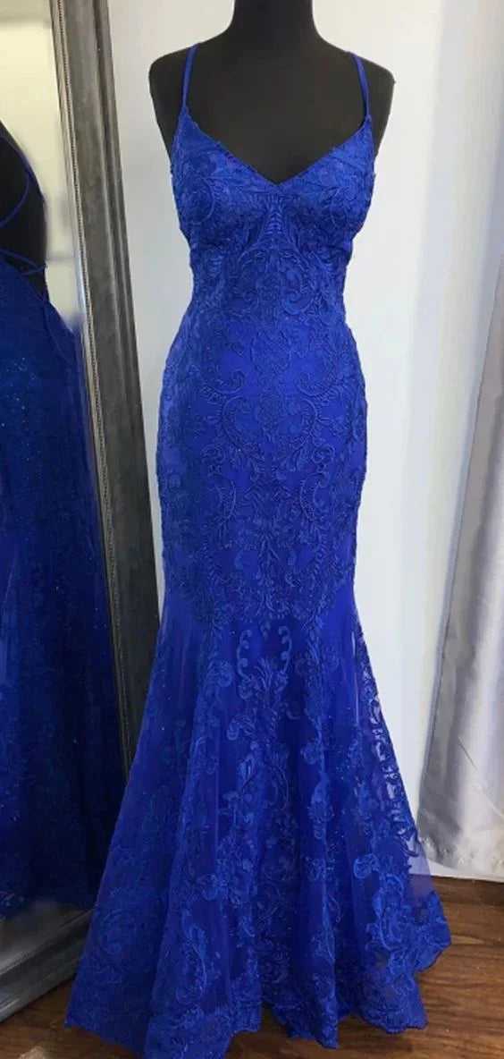 Elegantes Meerjungfrau-Kleid mit V-Ausschnitt in königsblauer Spitze Abendkleid Y819