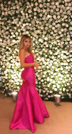Vestido de noche elegante de satén sin tirantes estilo sirena color rosa intenso Y5183