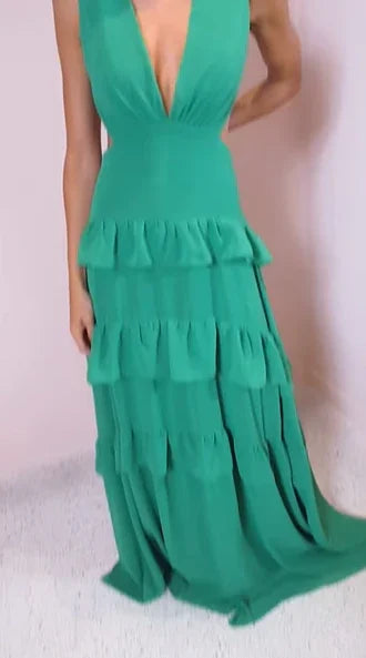 Vestido de noche largo para baile de graduación Y8386, verde esmeralda, escote en V profundo, con volantes en capas y espalda descubierta