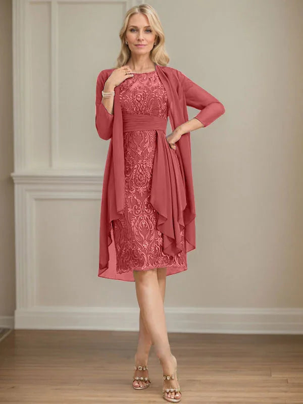Etui/Säulenförmiges Kleid mit Illusion, knielang, aus Spitze und Chiffon, Brautmutterkleid mit herabfließenden Rüschen und Pailletten