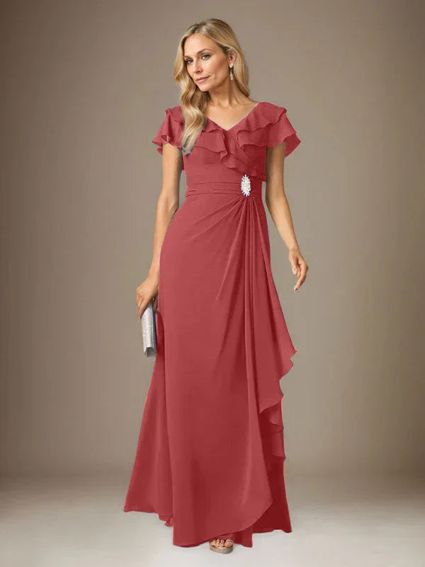 Vestido tormentoso de gasa con escote en V y fruncido en línea A