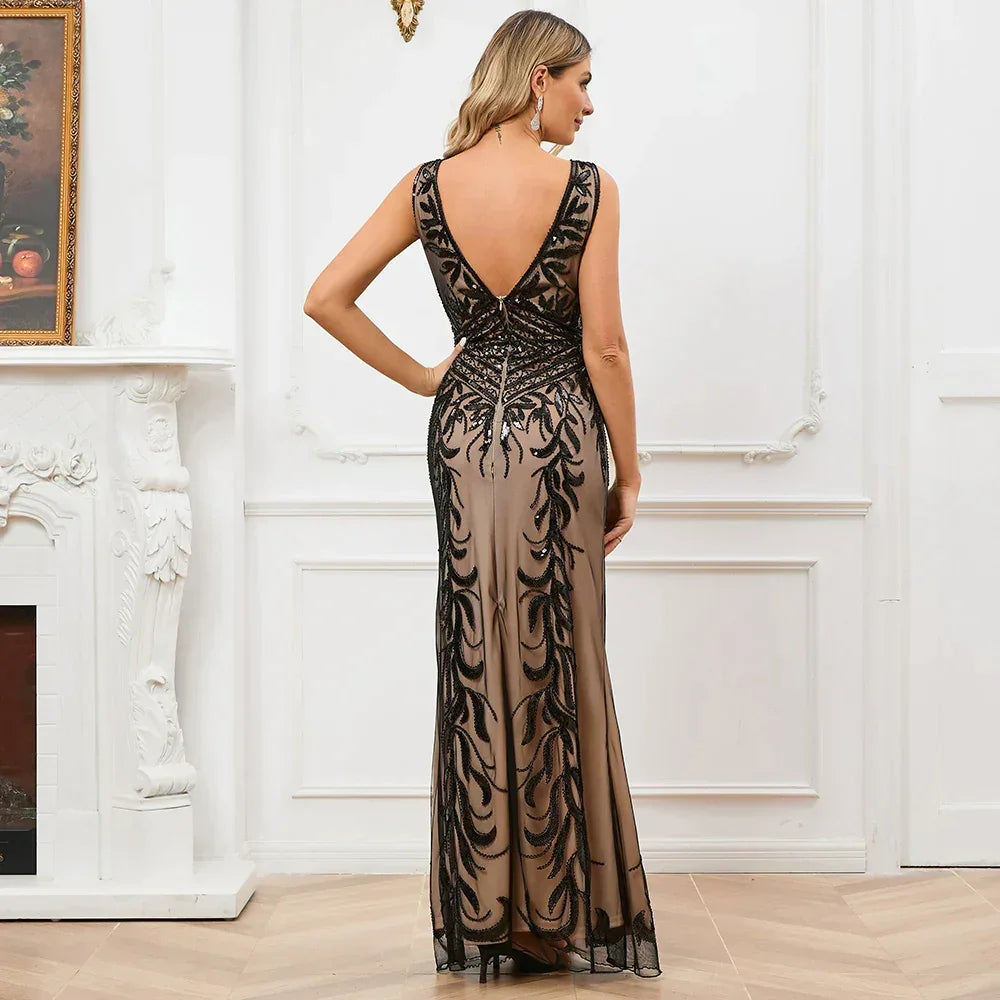 Vestidos largos de noche formales para mujer vintage con lentejuelas y abalorios, cuello redondo, encaje largo, sexy, para fiesta y ocasión especial