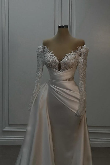 Abito da sposa vintage lungo bianco a linea ad A con scollo a spalle scoperte, pizzo e perline, maniche lunghe