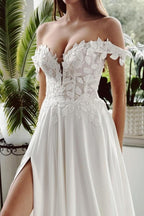 Abito da sposa vintage lungo bianco a linea ad A con scollo a barca e spacco