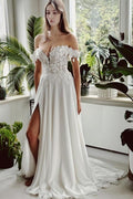 Abito da sposa vintage lungo bianco a linea ad A con scollo a barca e spacco
