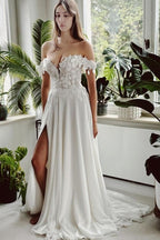 Abito da sposa vintage lungo bianco a linea ad A con scollo a barca e spacco