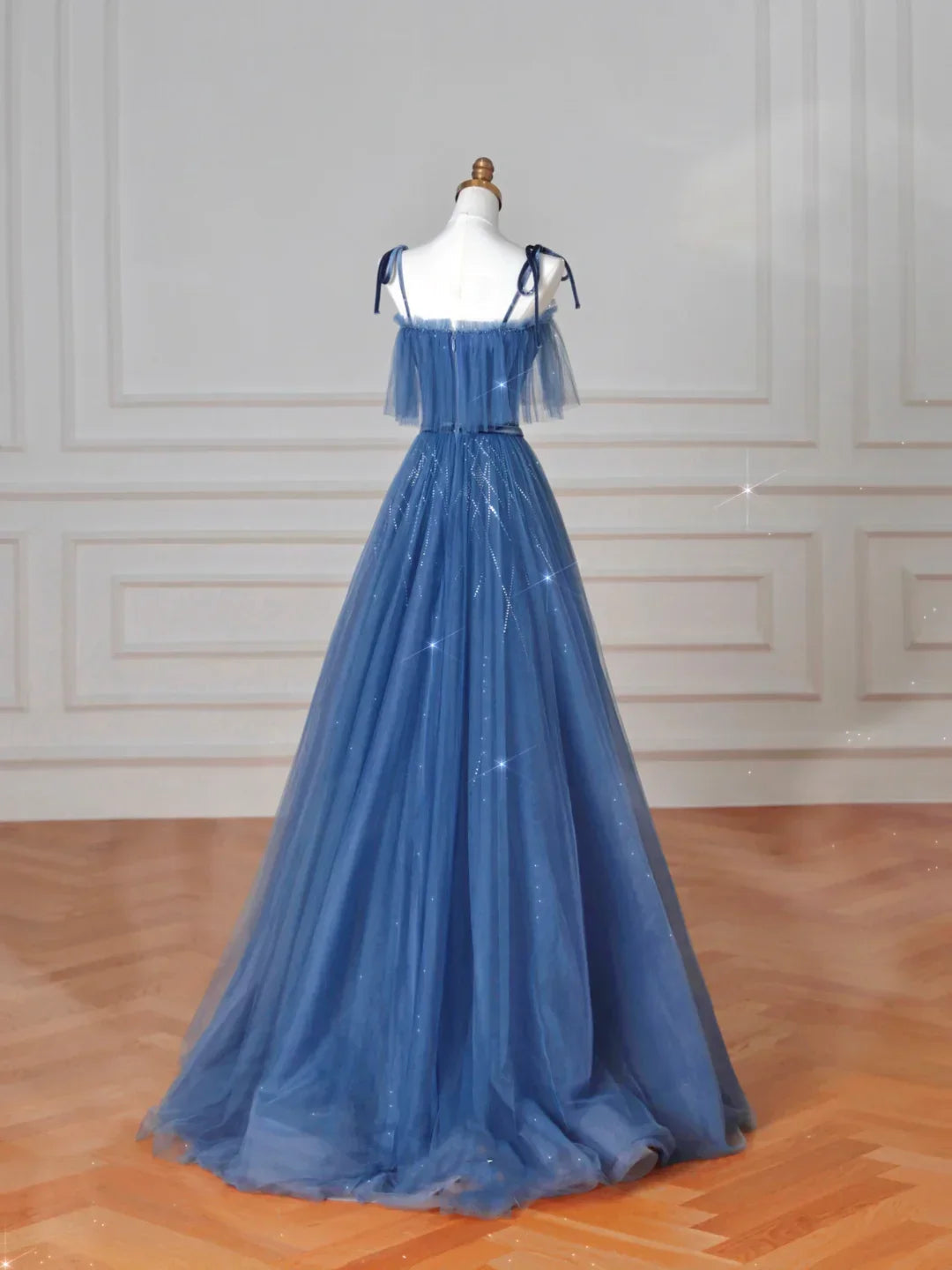 Vestido de Festa Azul Bonito com Alças Finas de Espaguete, Tule, Lantejoulas, Corte em A, Modelo Y8634
