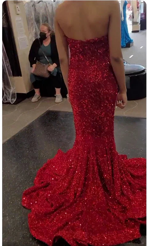 Robe de bal sirène chérie rouge à sequins robe de soirée brillante robe de fête Y274