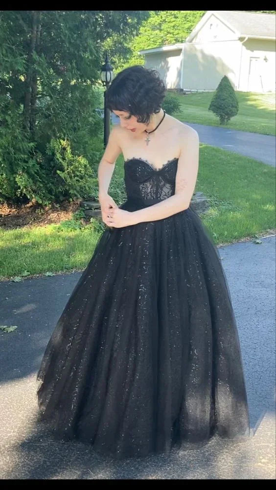 Vestido de Baile Preto com Brilhos, Decote Coração e Corte em A, Vestido de Noite Preto Y7356