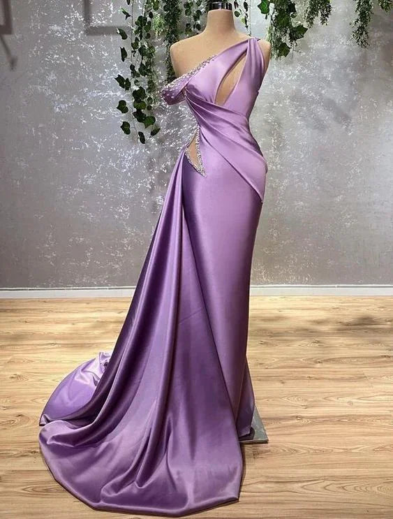 Vestidos de fiesta morados, vestidos de fiesta con abertura en la espalda, vestidos de noche de satén Y4285
