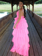 Vestidos largos de fiesta rosa con espalda abierta y capas Vestidos formales rosas para graduación y noche Y4954