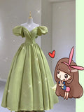 Green Satin Long Prom Dress With Puff Sleeves,Green Evening Dress ,Y2458