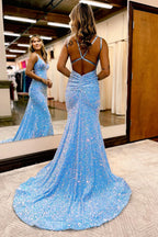 Roycebridal Maddison | Vestido de Baile Longo Azul Brilhante com Lantejoulas em Forma de Sereia e Costas Descobertas