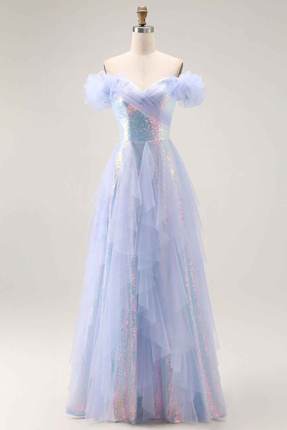 Sparkly Light Blue Off the Shoulder Sequin Long Prom Dress with Ruffles