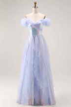 Sparkly Light Blue Off the Shoulder Sequin Long Prom Dress with Ruffles