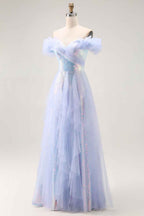 Sparkly Light Blue Off the Shoulder Sequin Long Prom Dress with Ruffles