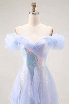 Sparkly Light Blue Off the Shoulder Sequin Long Prom Dress with Ruffles