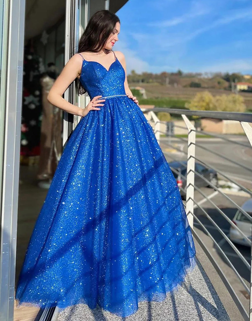 Königsblaues, funkelndes, langes Ballkleid in A-Linie mit Spaghettiträgern